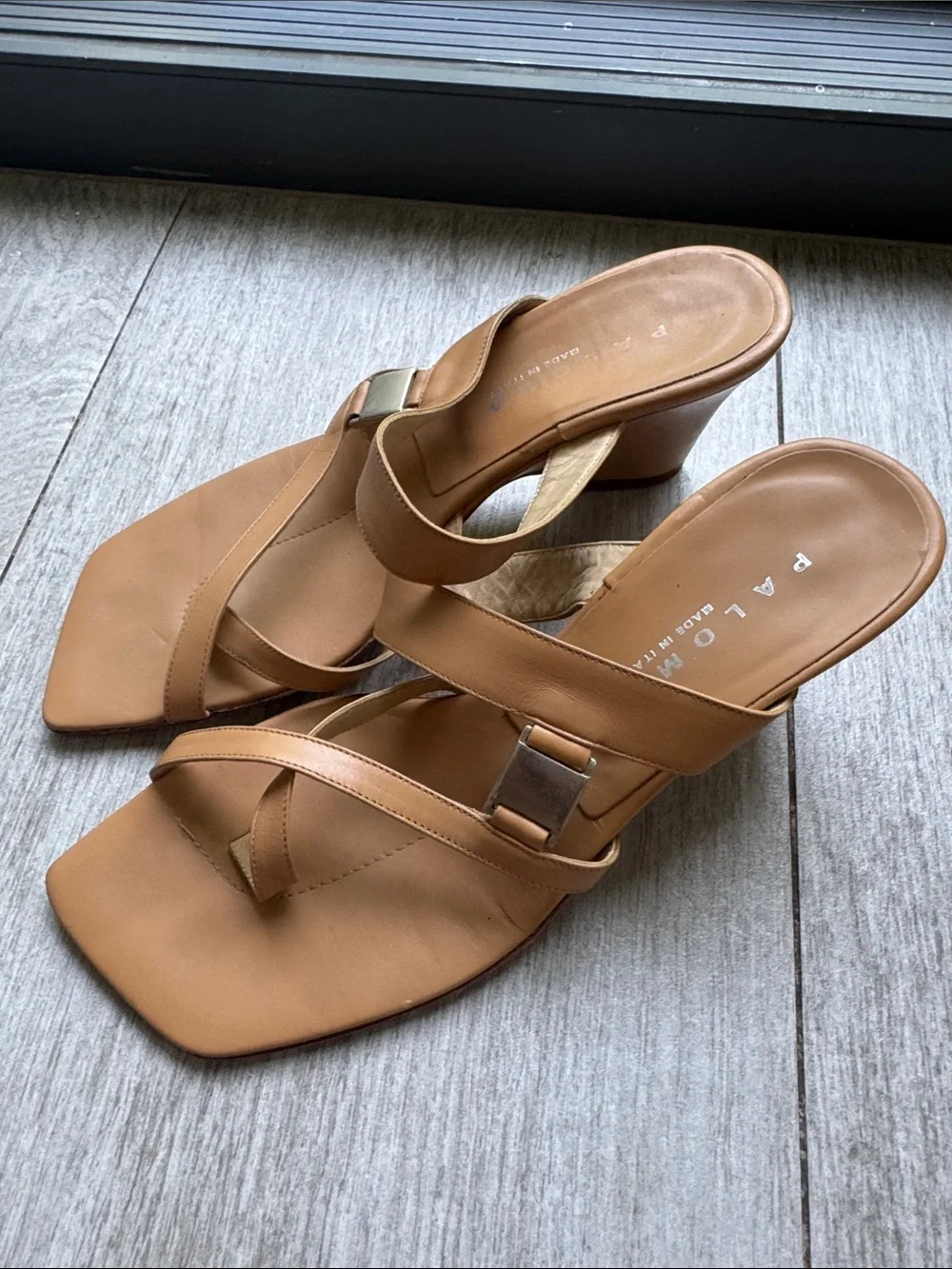 Paloma Tan Leather Crisscross Slide Sandals Made in Italy Vintage 6.5 Heels